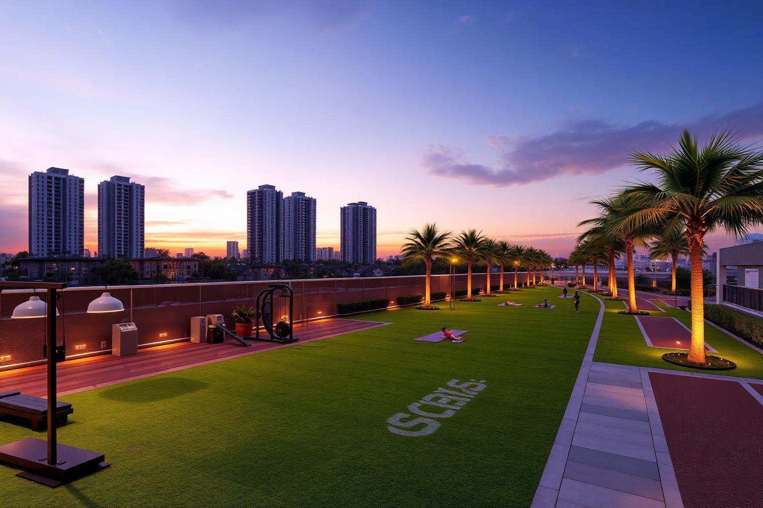 Landscaped amenity deck with gym, yoga lawn and jogging track