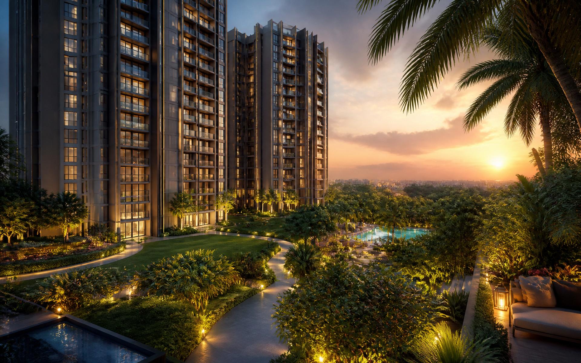 Brigade Granada Whitefield high-rise towers at golden hour