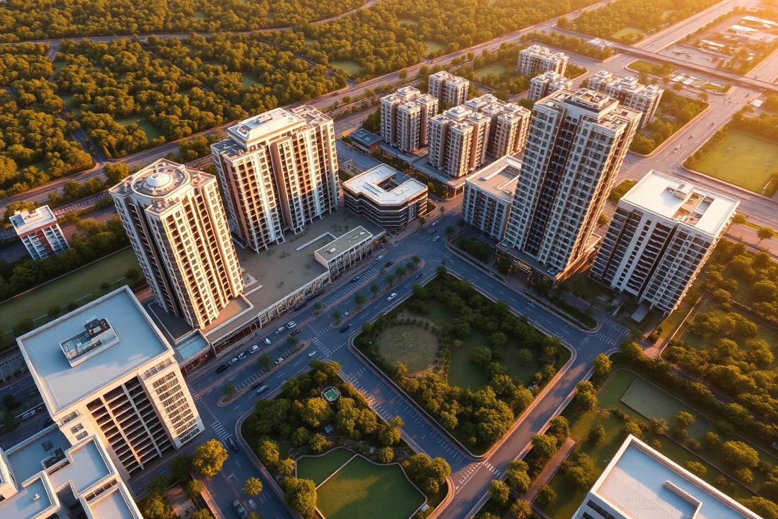 Aerial render of the mixed-use township with towers, retail and parks
